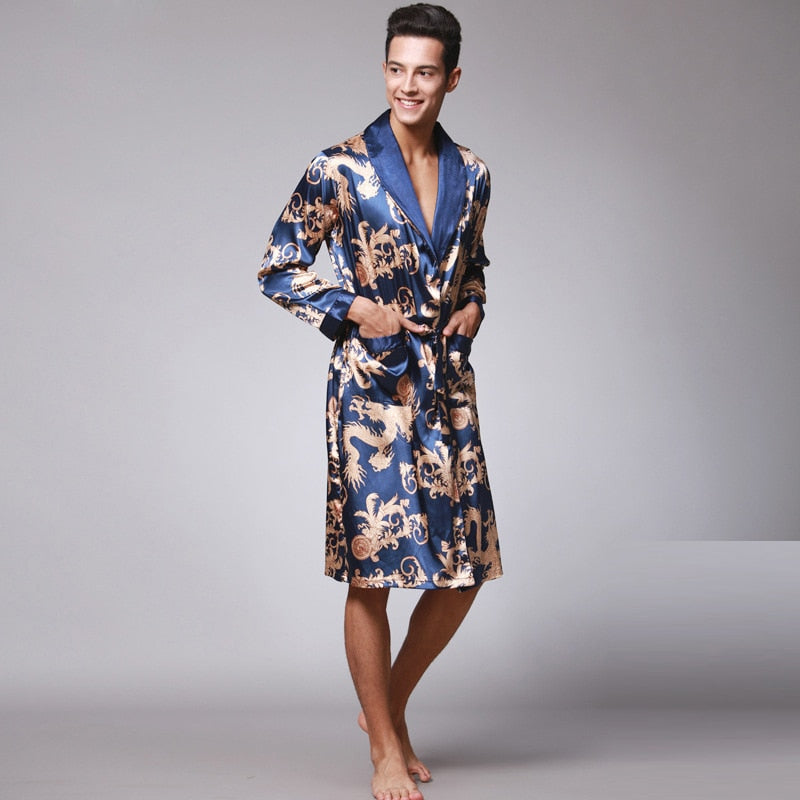 Men Silk  Satin Kimono Bathrobe Golden Dragon Knee Length Long Sleeve