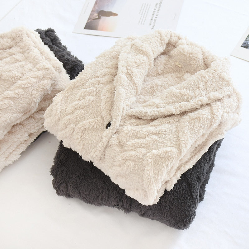 Couple Flannel Pajamas Women Winter Thick Warm Loungewear Sets