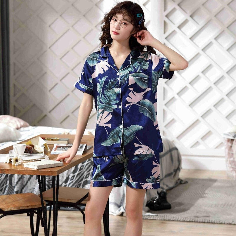 Fashion Floral Print Short Sleeve Top and Shorts Set Pyjamas Suit