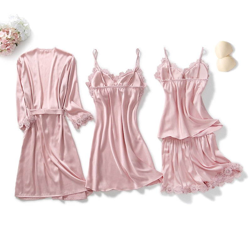 4PCS Pajamas Set V-Neck Negligee Sleep Wear Home Nightie