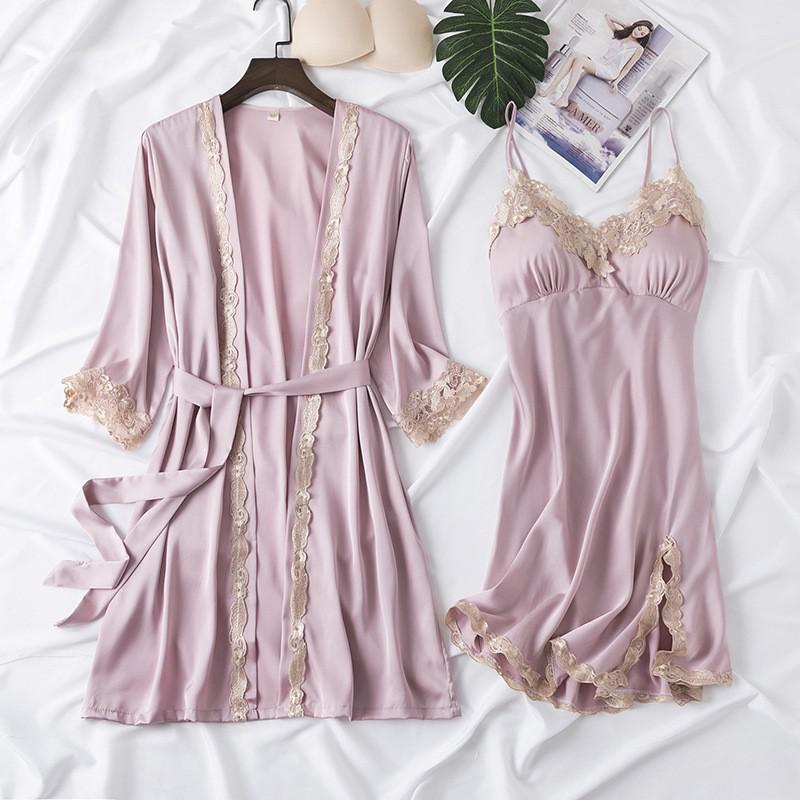 2PCS Lace Bathrobe Gown Sets Robe Bride Silky Satin Komono Strap Dress