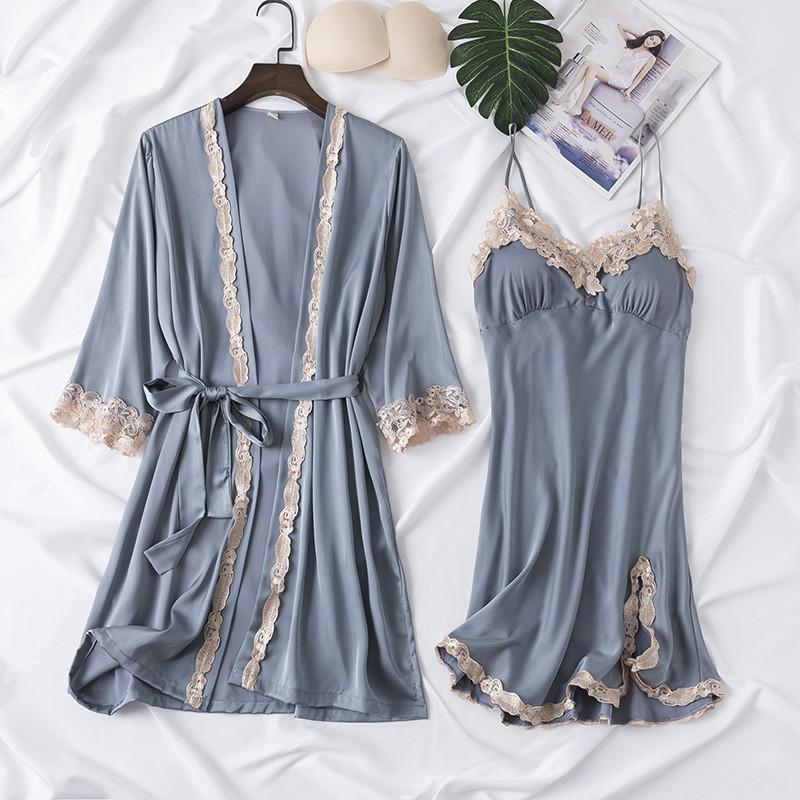 2PCS Lace Bathrobe Gown Sets Robe Bride Silky Satin Komono Strap Dress