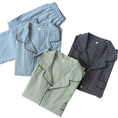 Men Washed Cotton Single-Layer Plaid Pajamas Set