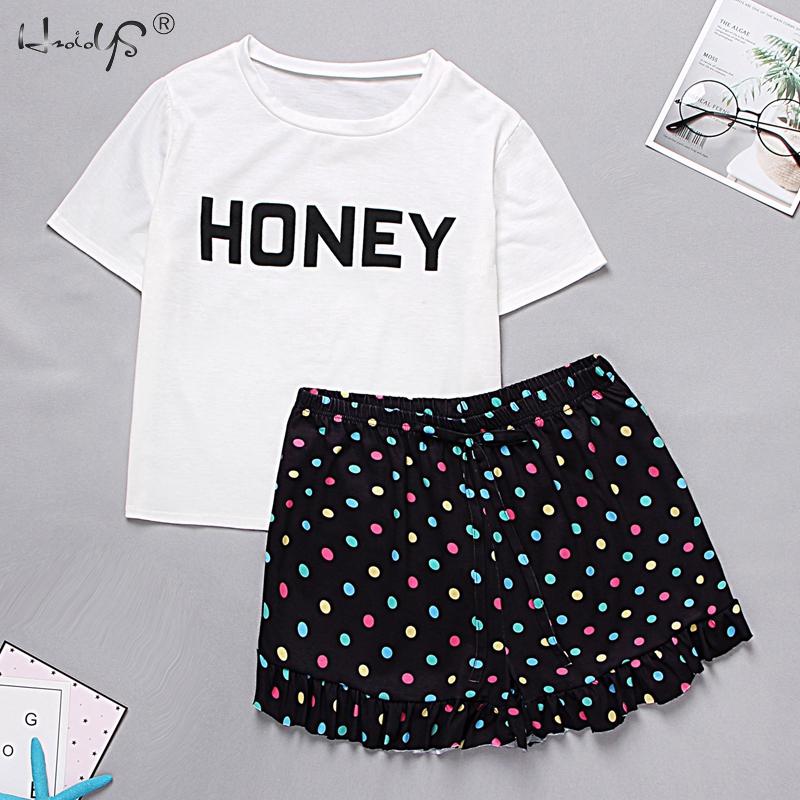 Lips Print Tshirt Cartoon Elastic Waist Shorts Casual Sleepwear