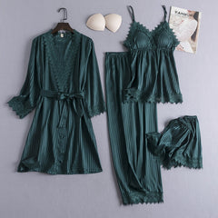 4PCS Womens Sleep Suit Satin Lace Pajamas Sets Nightgown