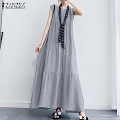 Stylish  Ruffle Sundress Solid Summer Dress Casual Sleeveless