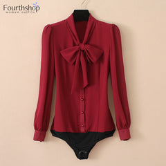 Elegant Chiffon Bodysuits Lantern Long Sleeve Bow Tie Neck Office