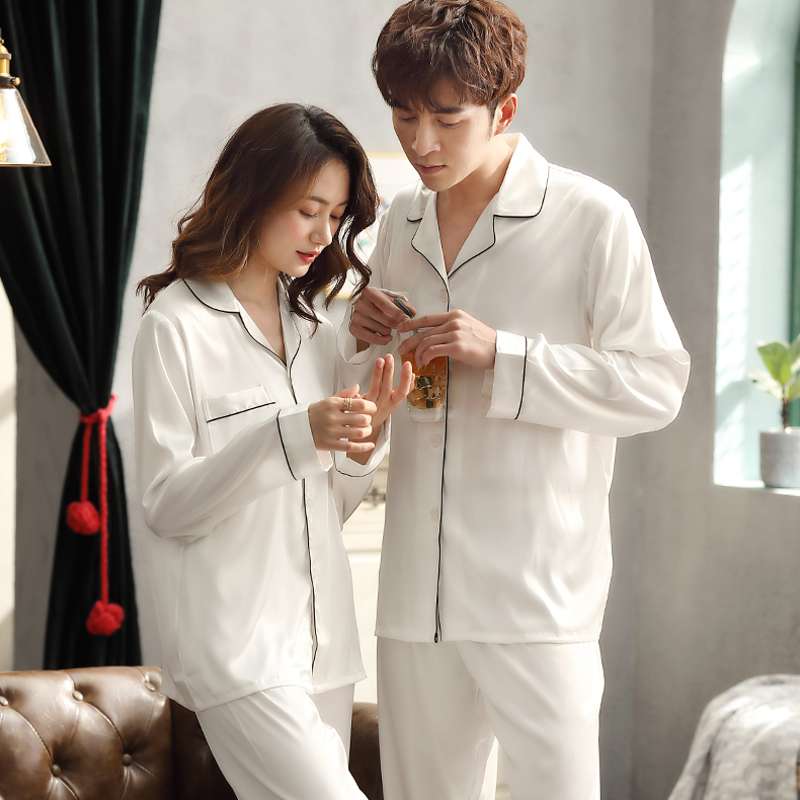 Solid Color Sleepwear Silk Satin Pajamas couple Set Long