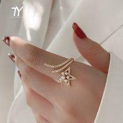 Star Shape Pearl Zircon Gold Color Opening Rings