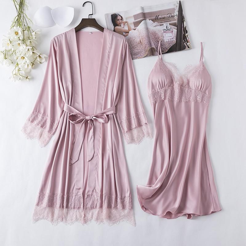 2PCS Lace Bathrobe Gown Sets Robe Bride Silky Satin Komono Strap Dress