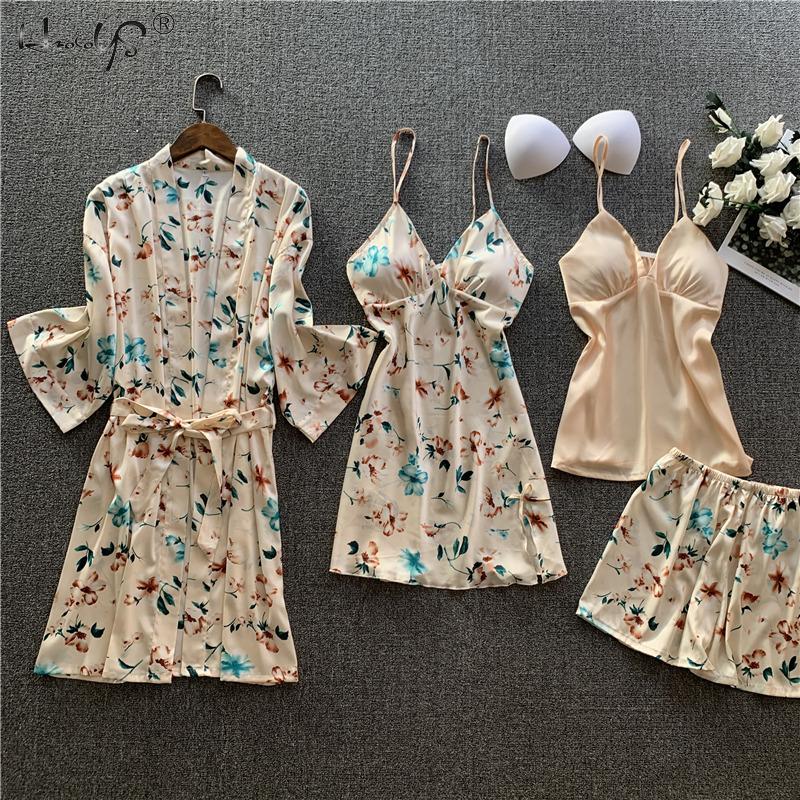 4 PCS Women Pajamas Sets Silk Satin Pajamas Sets