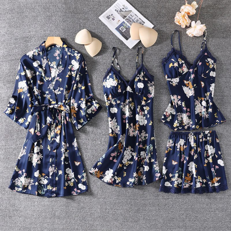 4PCS Print Robe Gown Sets Lace Sleepwear Sleep Suit