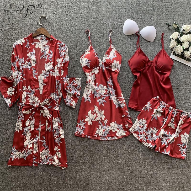 4 PCS Women Pajamas Sets Silk Satin Pajamas Sets