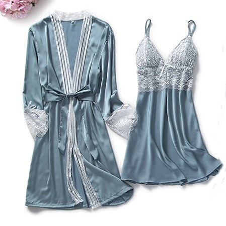 2PCS Lace Robe Gown Sets Strap Nightgown Satin Nighty Bathrobe