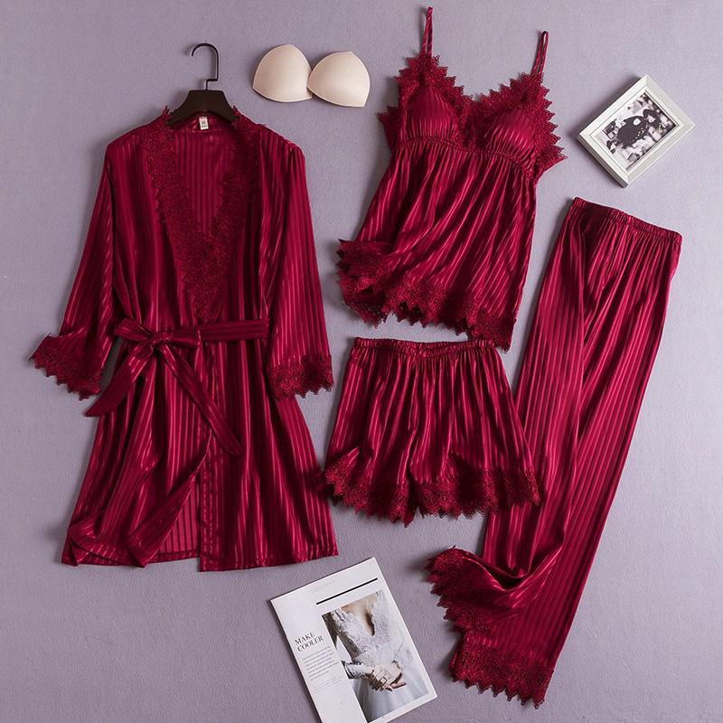 4PCS Womens Sleep Suit Satin Lace Pajamas Sets Nightgown