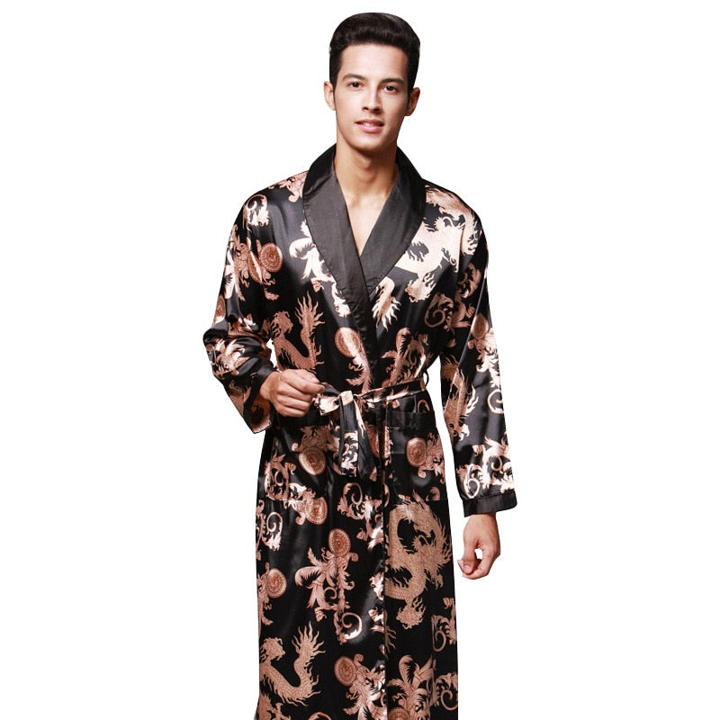 Men Silk  Satin Kimono Bathrobe Golden Dragon Knee Length Long Sleeve