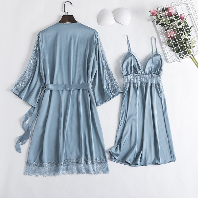 2PCS Lace Bathrobe Gown Sets Robe Bride Silky Satin Komono Strap Dress