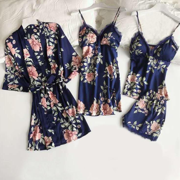 4PCS Print Robe Gown Sets Lace Sleepwear Sleep Suit