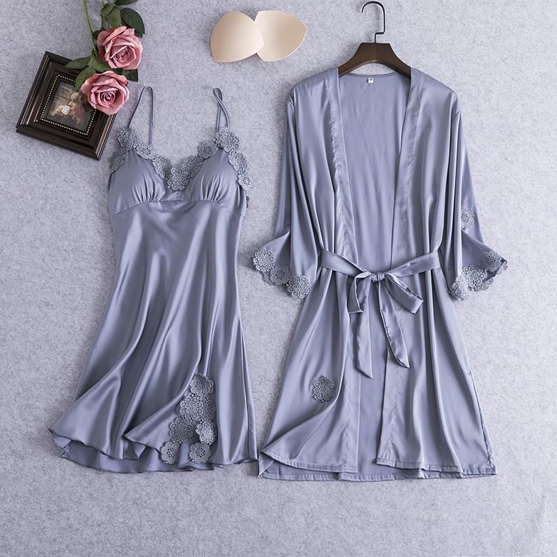 2PCS Lace Bathrobe Gown Sets Robe Bride Silky Satin Komono Strap Dress