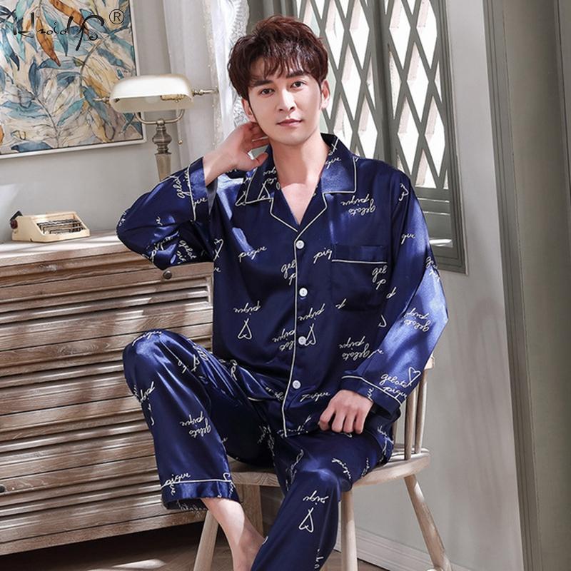 Couple Sleepwear Women Silk Satin Pajamas Sets Long Sleeve Pyjamas Sleepwear