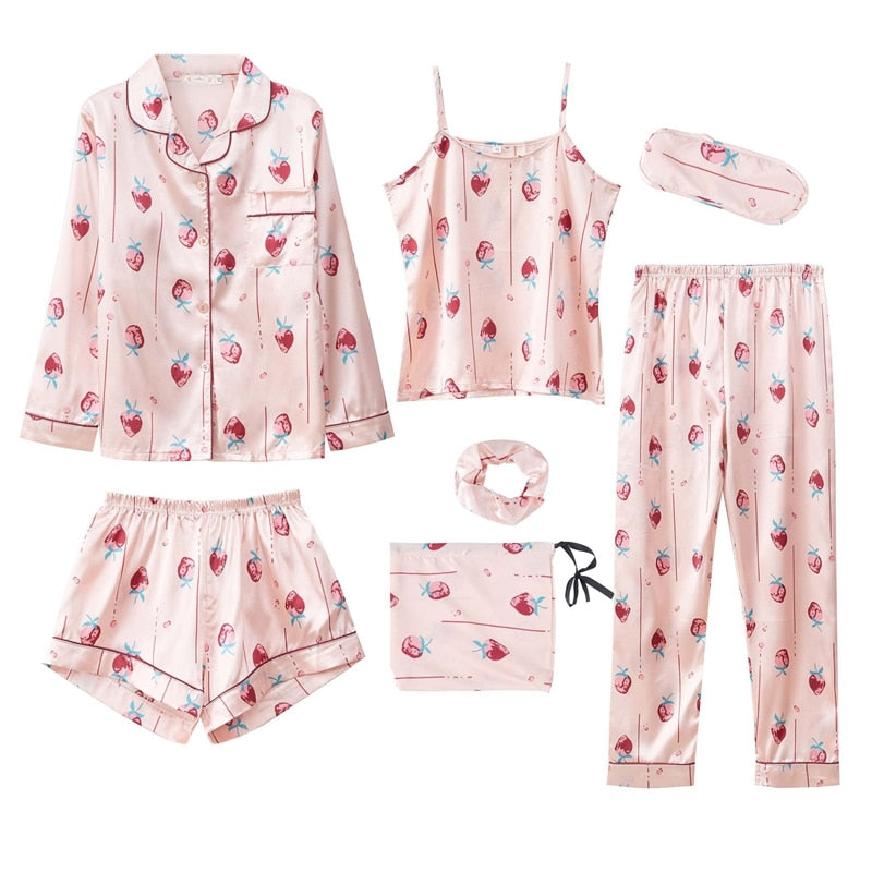 Strap Sleepwear Pyjamas Women 7 Pieces Pink Pajamas Sets Satin Silk Lingerie