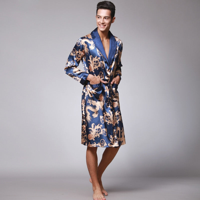 Men Silk  Satin Kimono Bathrobe Golden Dragon Knee Length Long Sleeve