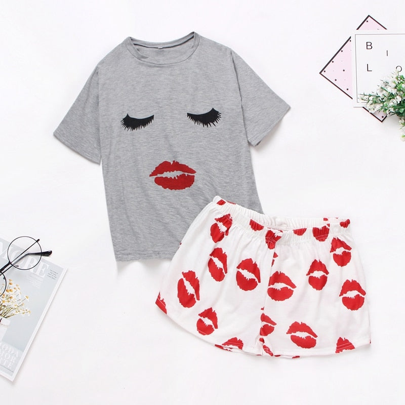 Lips Print Tshirt Cartoon Elastic Waist Shorts Casual Sleepwear