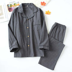 Men Washed Cotton Single-Layer Plaid Pajamas Set