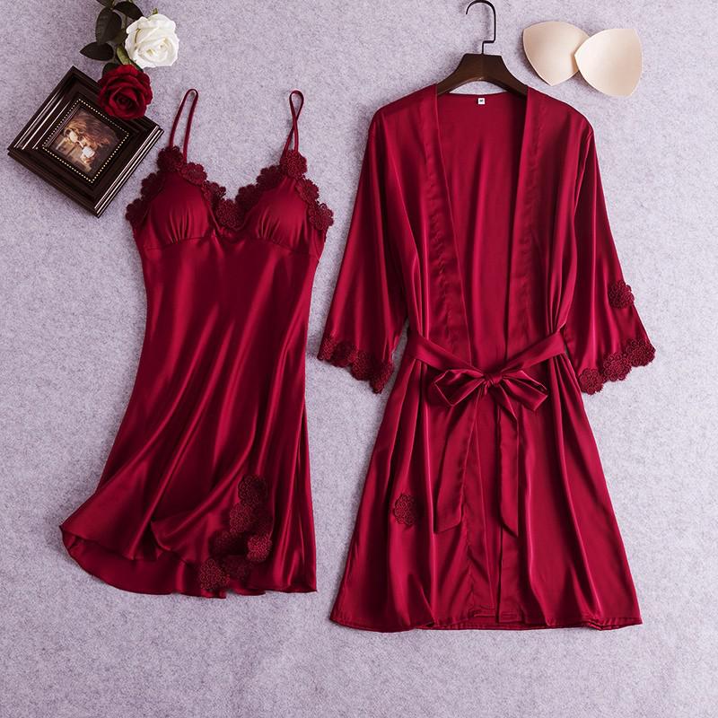 2PCS Lace Bathrobe Gown Sets Robe Bride Silky Satin Komono Strap Dress