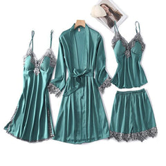 4PCS Print Robe Gown Sets Lace Sleepwear Sleep Suit