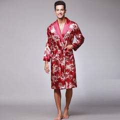 Men Silk  Satin Kimono Bathrobe Golden Dragon Knee Length Long Sleeve