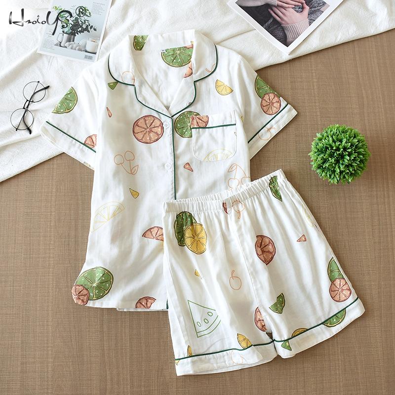 Cotton Pajamas Heart Stripe Print Short Sleeve Pajamas Sets