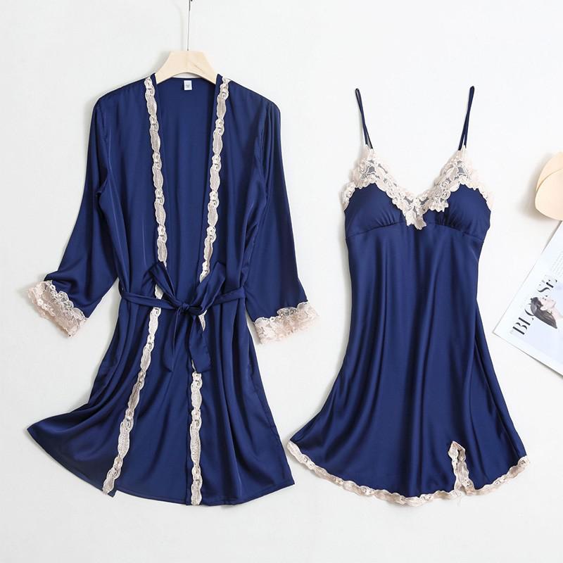 2PCS Lace Robe Gown Sets Strap Nightgown Satin Nighty Bathrobe