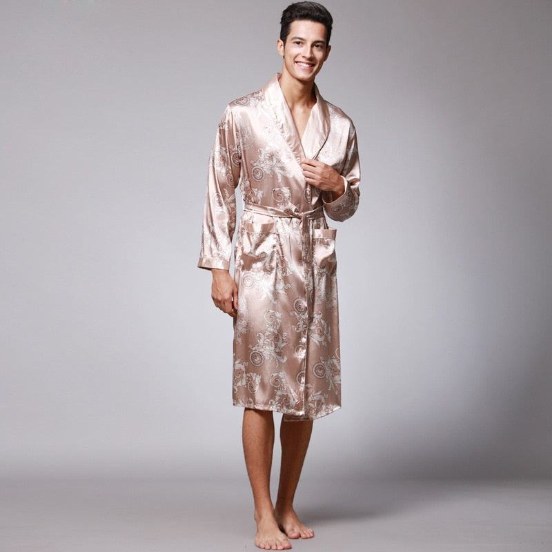 Men Silk  Satin Kimono Bathrobe Golden Dragon Knee Length Long Sleeve