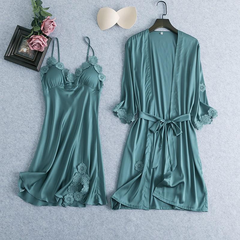 2PCS Lace Bathrobe Gown Sets Robe Bride Silky Satin Komono Strap Dress