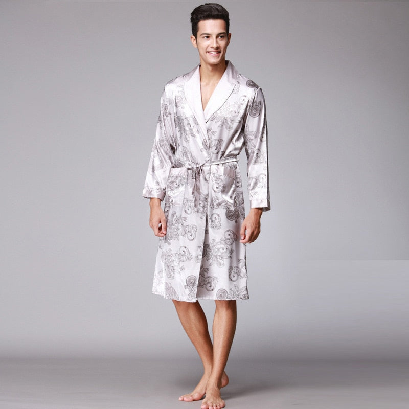 Men Silk  Satin Kimono Bathrobe Golden Dragon Knee Length Long Sleeve