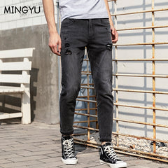 Casual Jeans Men Slim Feet Trend Elastic Hole Fashion