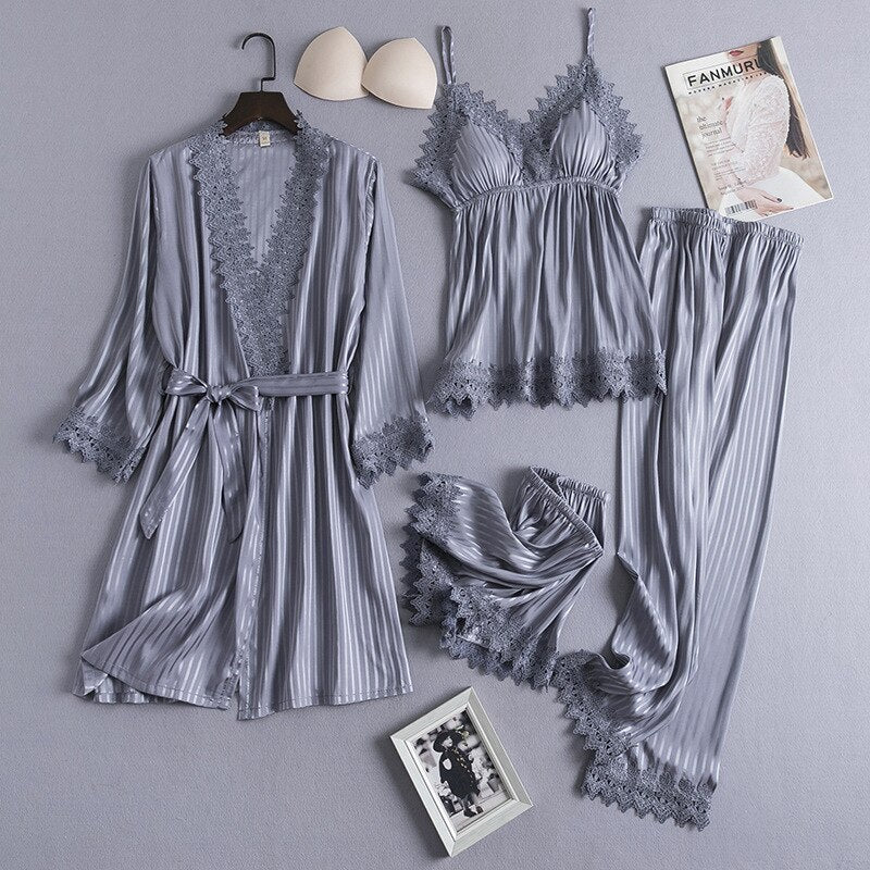 4PCS Womens Sleep Suit Satin Lace Pajamas Sets Nightgown