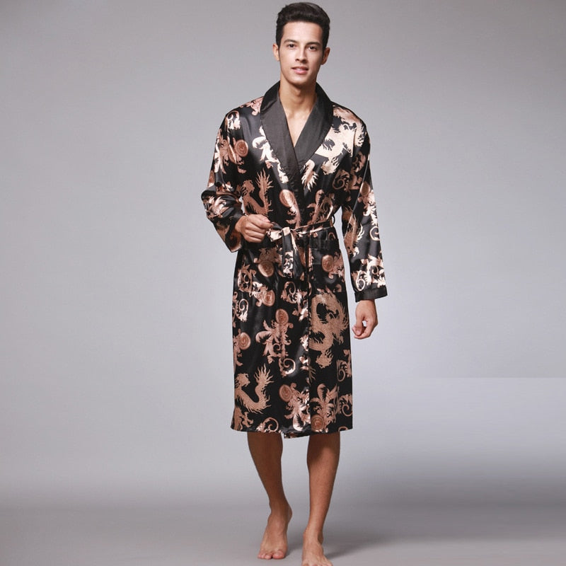 Men Silk  Satin Kimono Bathrobe Golden Dragon Knee Length Long Sleeve