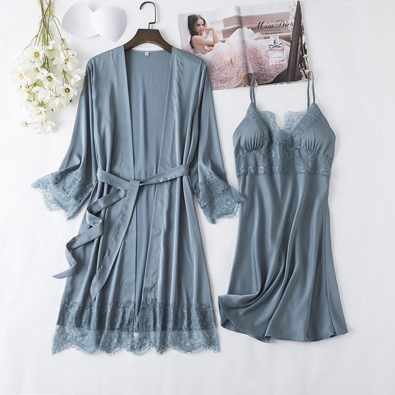 2PCS Lace Bathrobe Gown Sets Robe Bride Silky Satin Komono Strap Dress