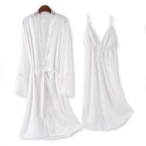 2PCS Lace Robe Gown Sets Strap Nightgown Satin Nighty Bathrobe