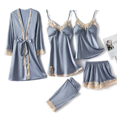 5PCS Lady Pajamas Sets Lace Sleepwear Sleep Suit Satin