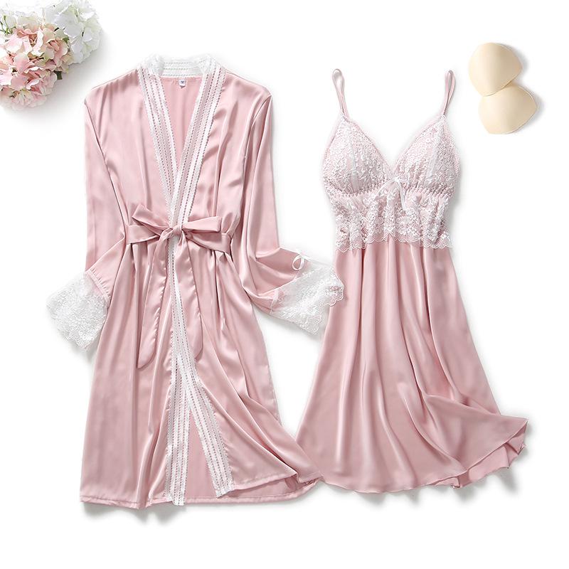 2PCS Lace Robe Gown Sets Strap Nightgown Satin Nighty Bathrobe