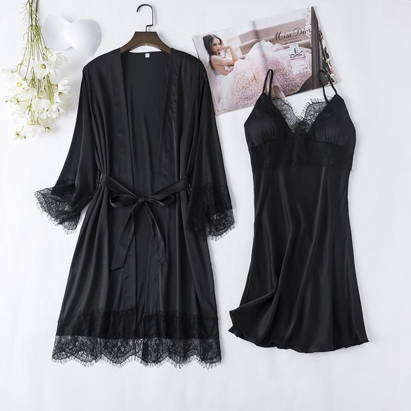 2PCS Lace Bathrobe Gown Sets Robe Bride Silky Satin Komono Strap Dress