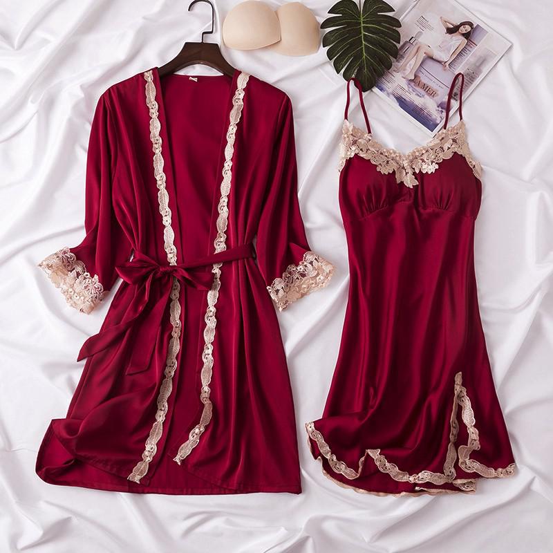 2PCS Lace Bathrobe Gown Sets Robe Bride Silky Satin Komono Strap Dress