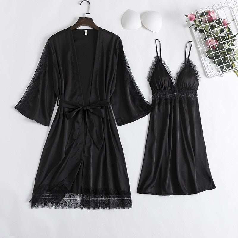 2PCS Lace Bathrobe Gown Sets Robe Bride Silky Satin Komono Strap Dress