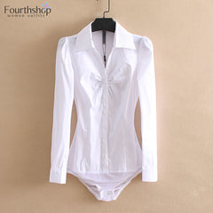 Solid White Color Long Sleeve Bodysuit Office Lady Business