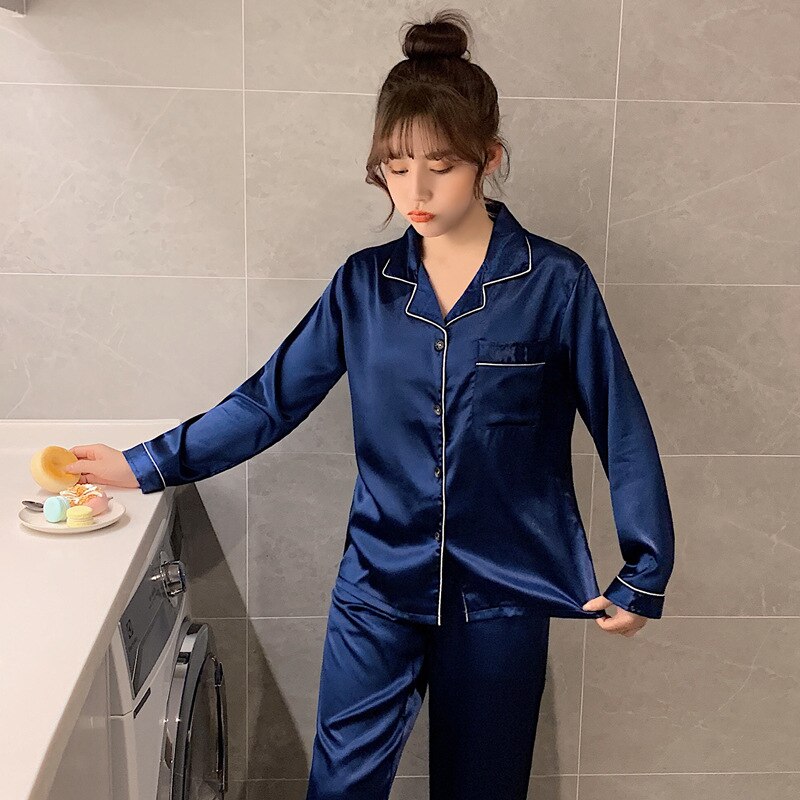 Solid Color Sleepwear Silk Satin Pajamas couple Set Long