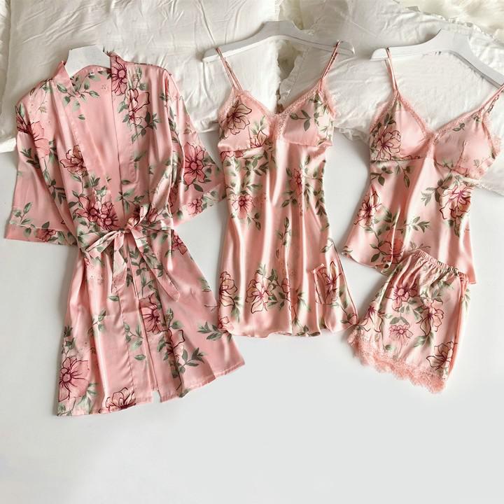 4PCS Print Robe Gown Sets Lace Sleepwear Sleep Suit