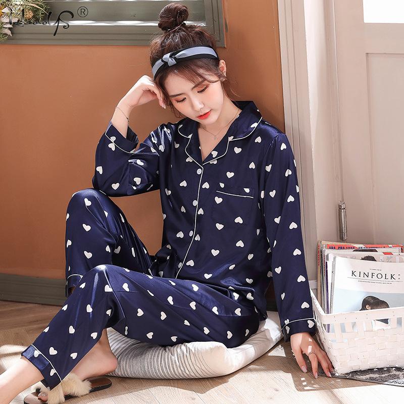 Couple Sleepwear Women Silk Satin Pajamas Sets Long Sleeve Pyjamas Sleepwear